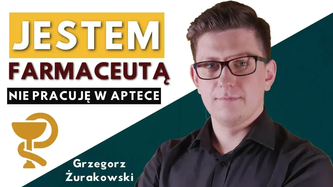 Mężczyzna w okularach na tle napisu "Jestem farmaceutą. Nie pracuję w aptece" i symbolu aptecznego.