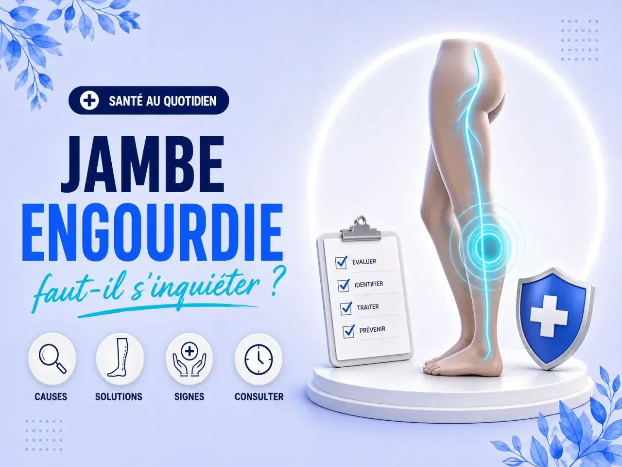 Jambe engourdie : causes, solutions, signes et quand consulter. Une illustration médicale avec une jambe, un tableau de bord et des icônes.