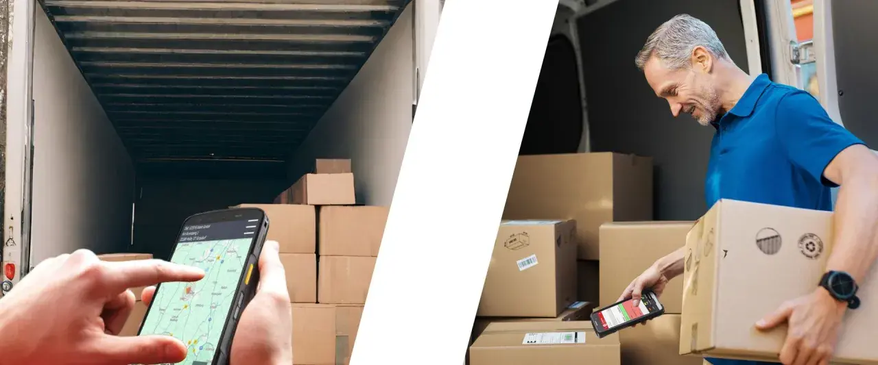 Lieferung wird per Smartphone-App mit Track & Trace Code verfolgt. Ein Mann lädt Pakete aus einem LKW.
