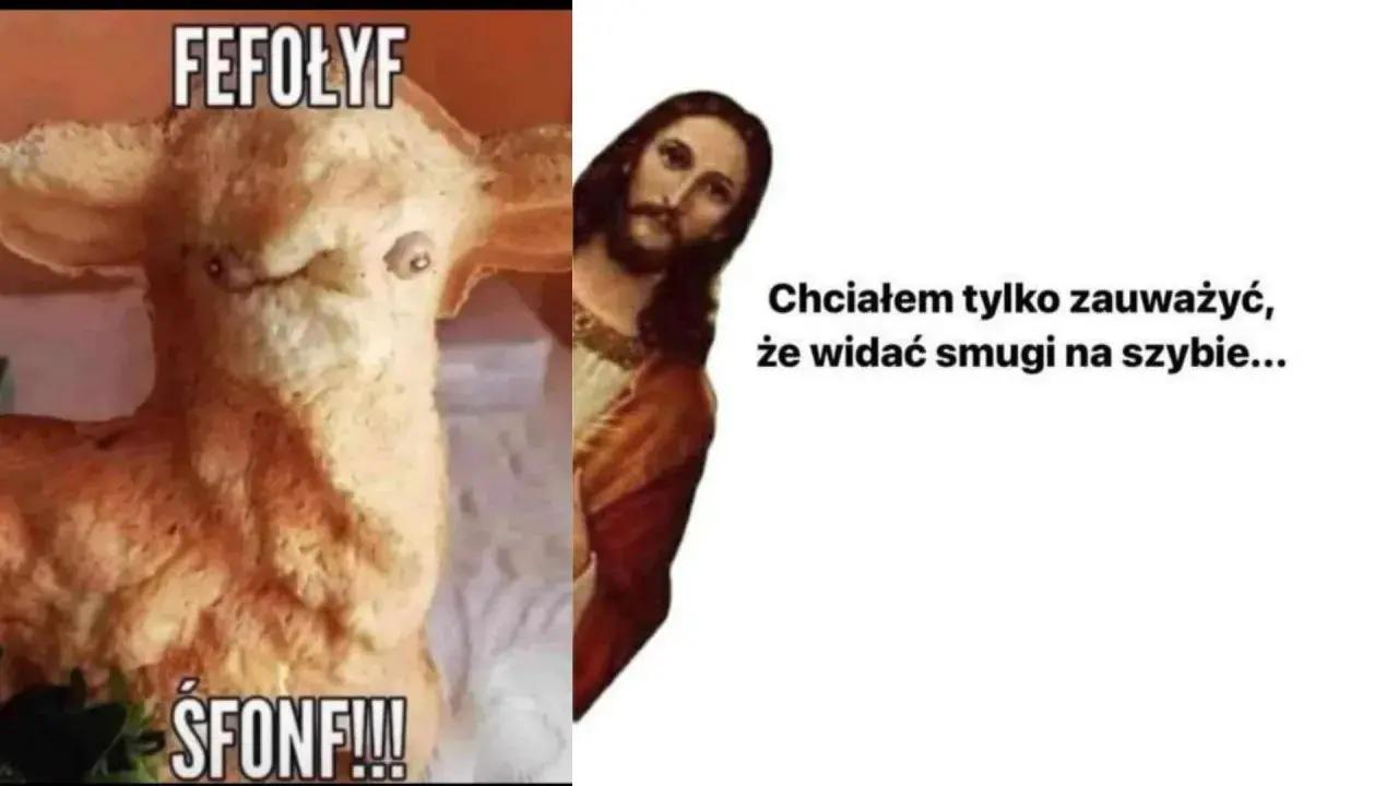 Wesoło memy wielkanoc: Jezus wychyla się zza obrazka, by zauważyć, że widać smugi na szybie, a obok baranek z chleba z napisem "ŚFONF!!!".