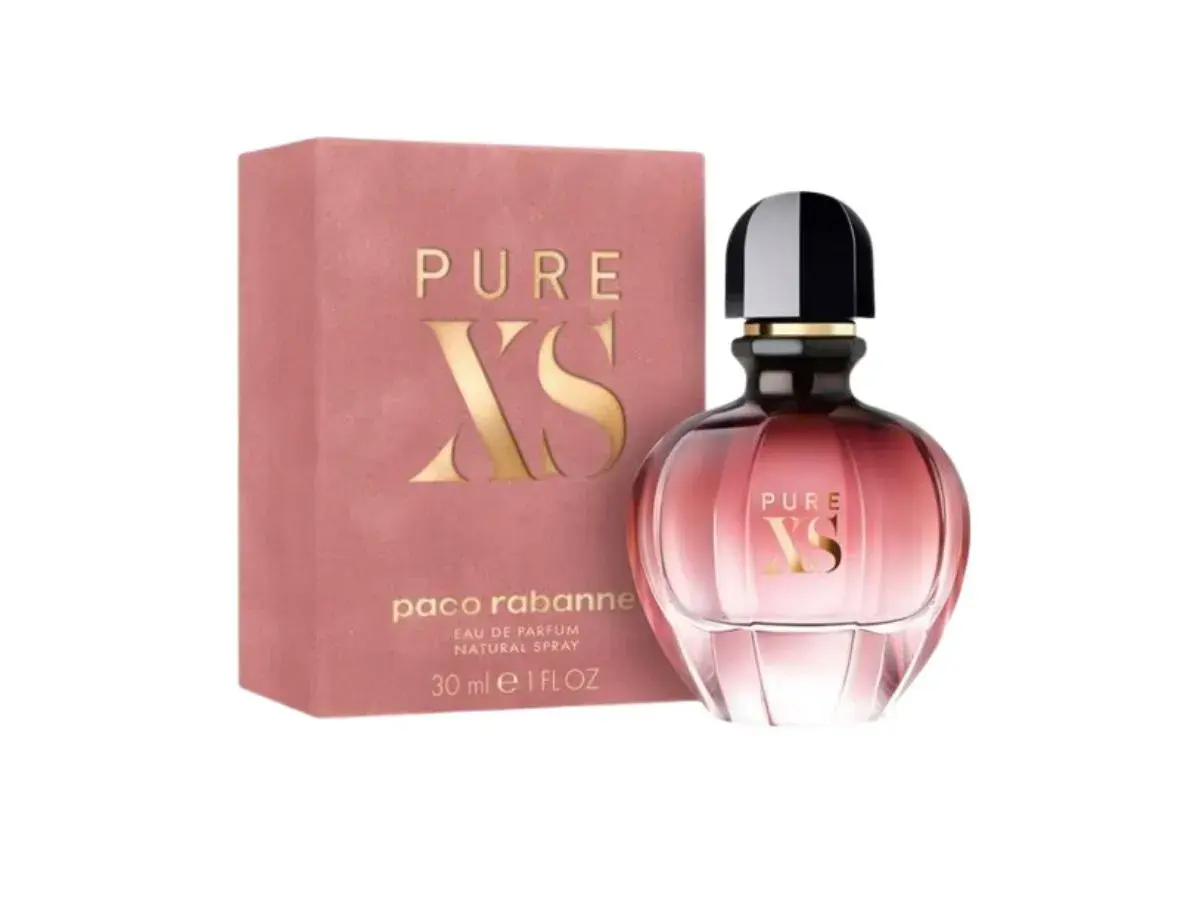 Perfum Paco Rabanne Pure XS Femme, w różowym opakowaniu i flakonie z gradientem, symbol luksusu i zmysłowości.