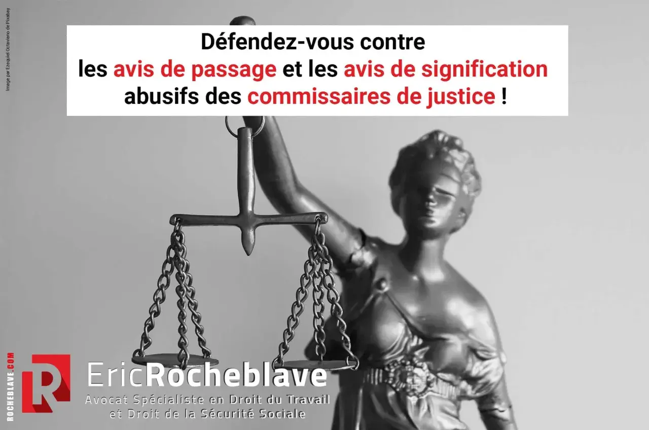Statue de la Justice et balance, avec un texte sur les avis de signification abusifs des commissaires de justice.