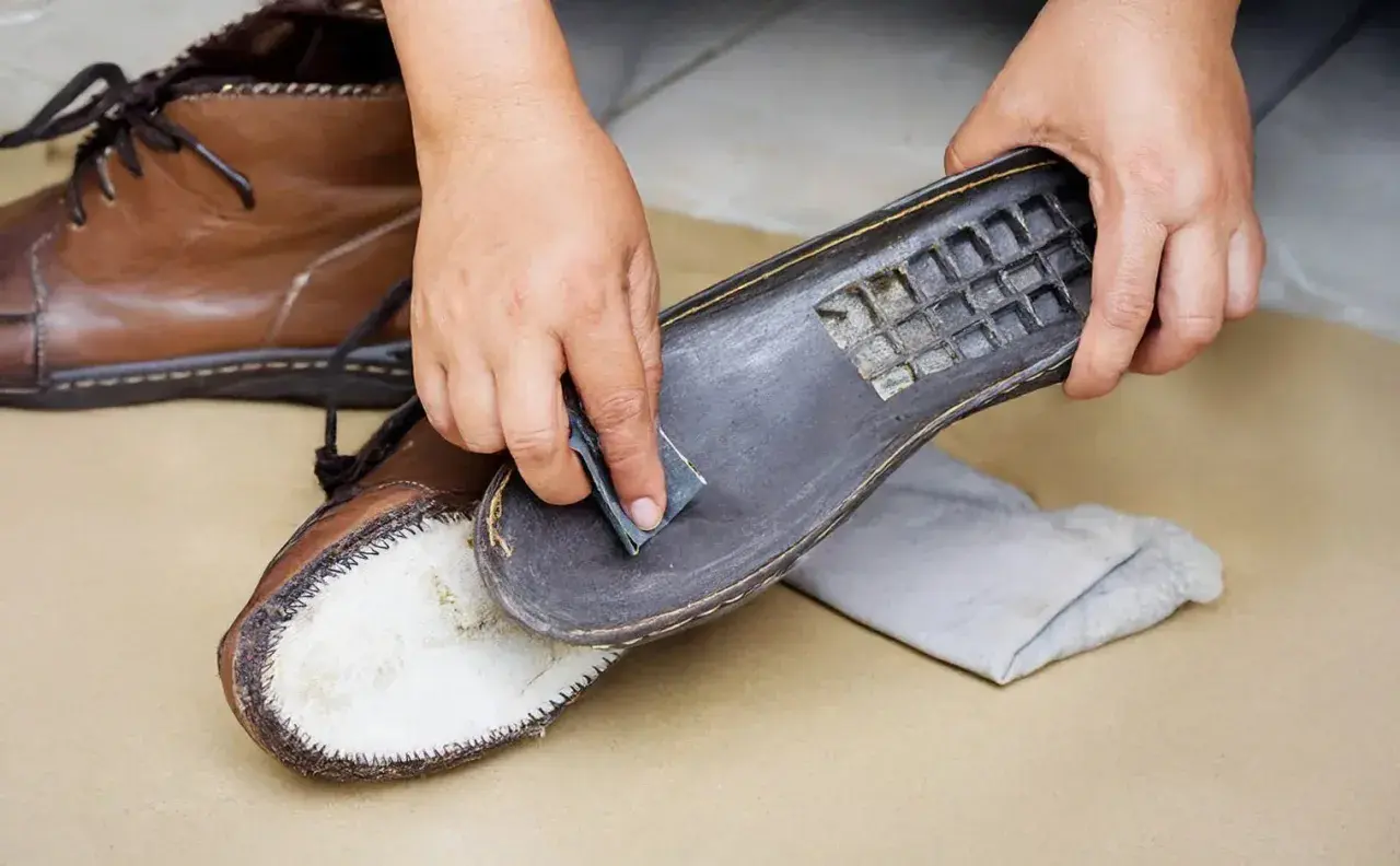 Hands gently sanding the sole of a brown leather boot, demonstrating how to clean Vibram shoes for better grip.