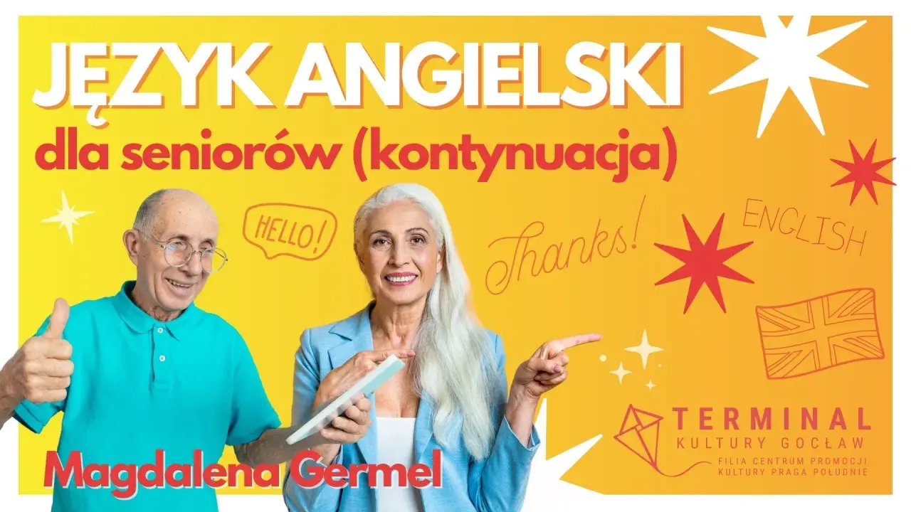 Uśmiechnięci seniorzy cieszą się nauką języka angielskiego. Kurs dla seniorów z Magdaleną Germel.