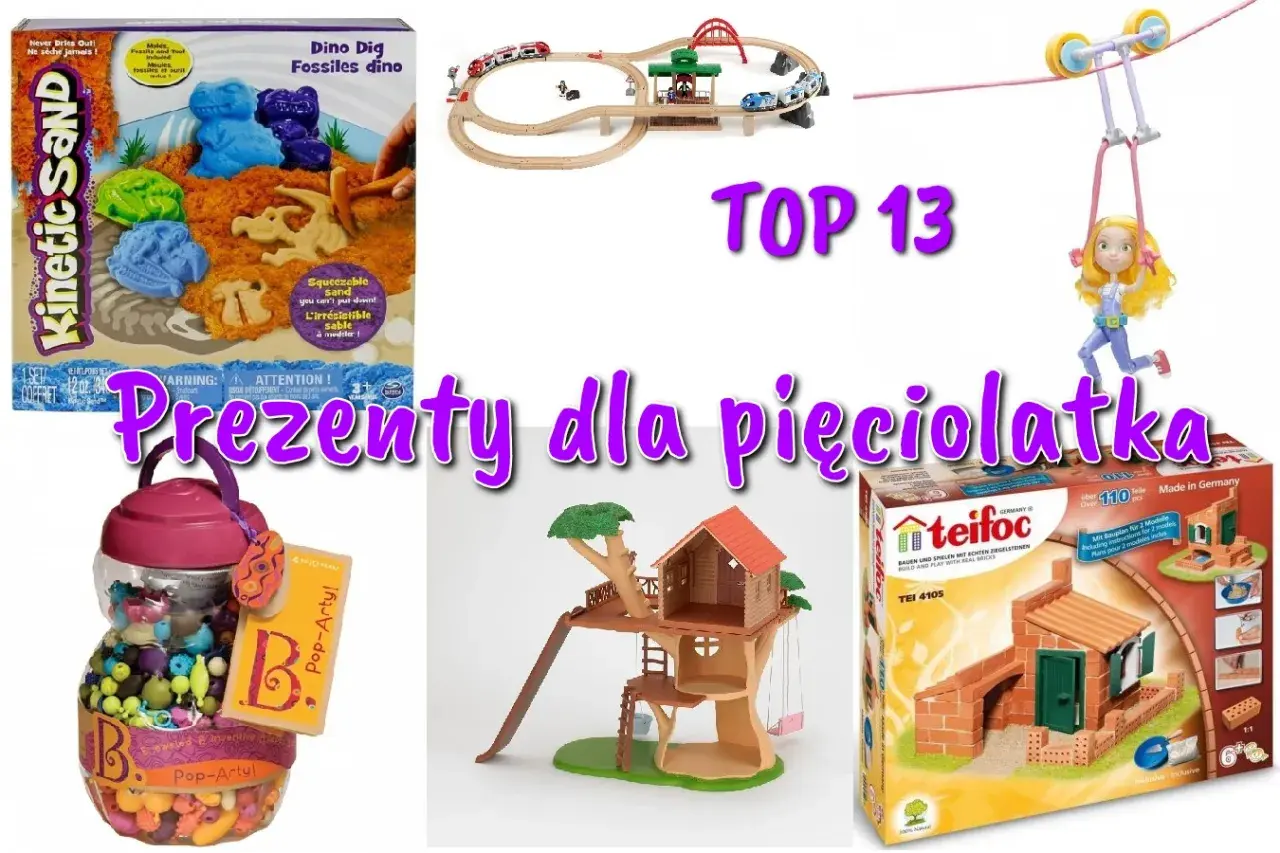 Pomysły na prezenty dla 5 latka: piaskownica kinetyczna, kolejka, domek na drzewie, koraliki, budowle z cegiełek.