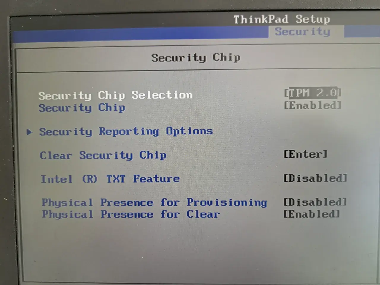 ThinkPad Setup: Security Chip Einstellungen. TPM 2.0 ist aktiviert. Wenn der BIOS nicht startet, könnte dies eine Ursache sein.