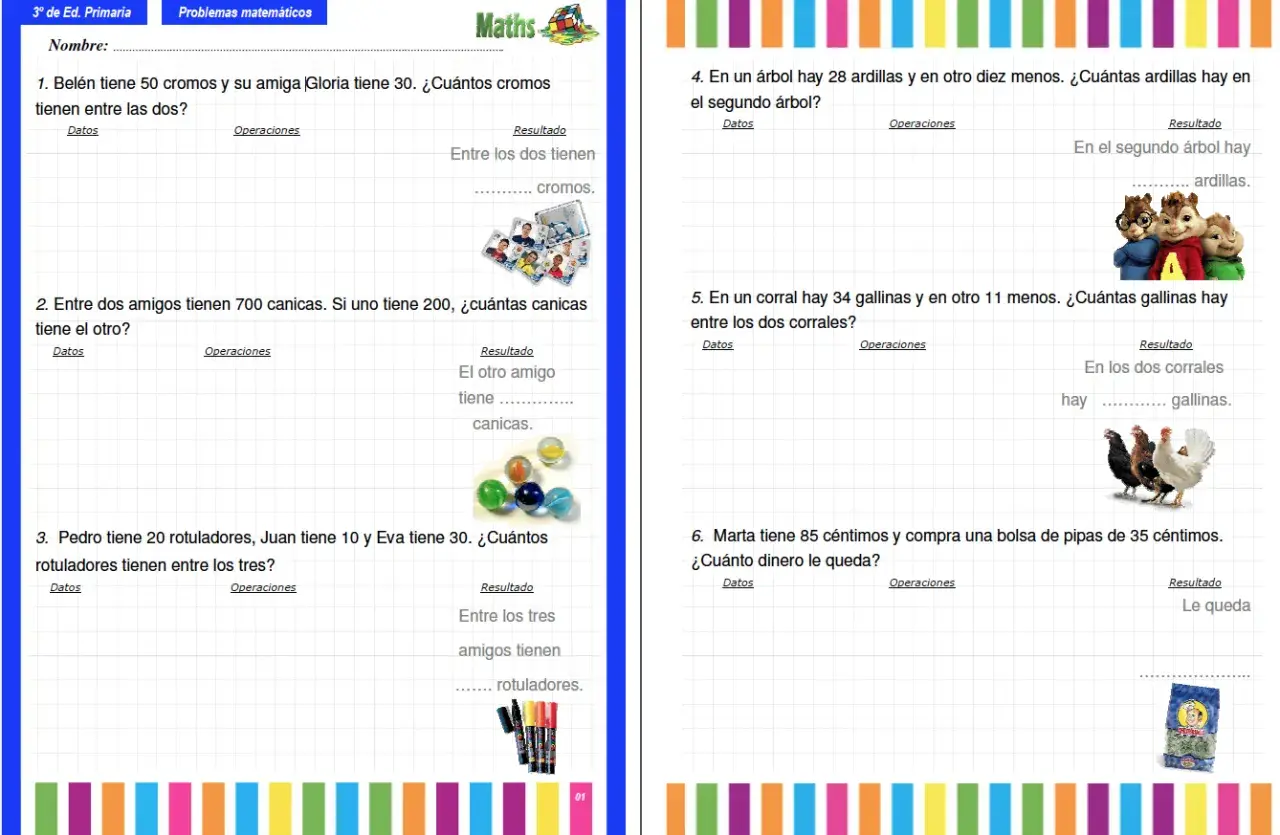 Problemas 3 primaria: ejercicios de matemáticas con imágenes de ardillas, gallinas, cromos, canicas y rotuladores.