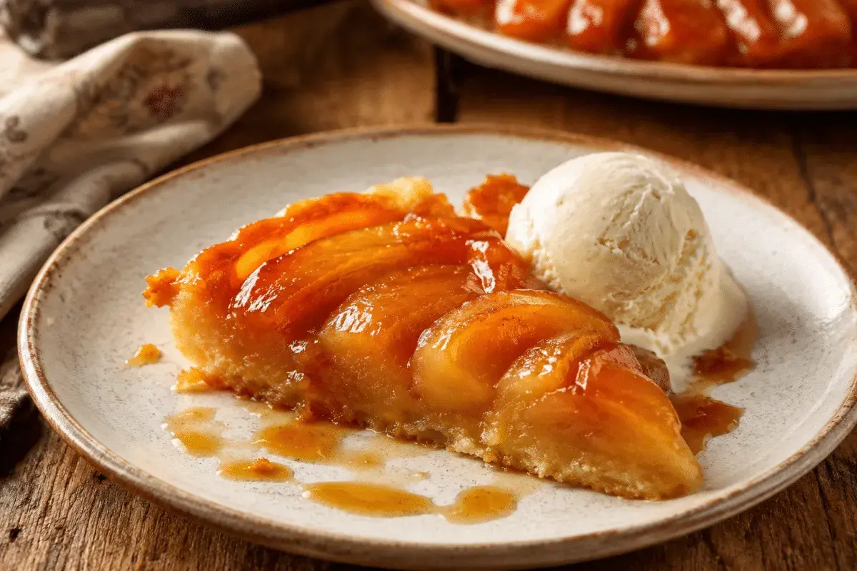 Un trozo de tatin de manzana caramelizado, con una bola de helado de vainilla, sobre un plato de cerámica.