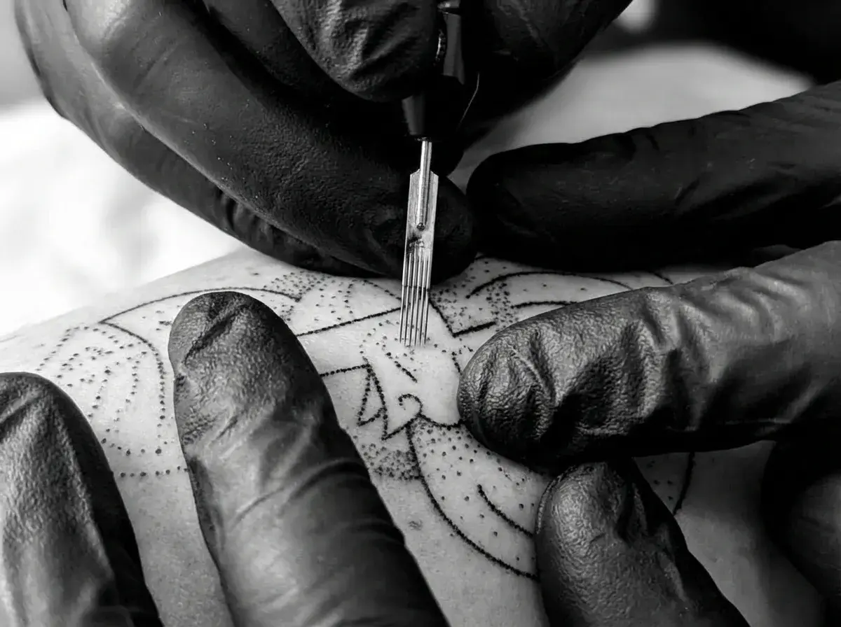 Dłonie w czarnych rękawiczkach tworzą precyzyjny tatuaż metodą handpoke. Igła delikatnie wnika w skórę, tworząc wzór.
