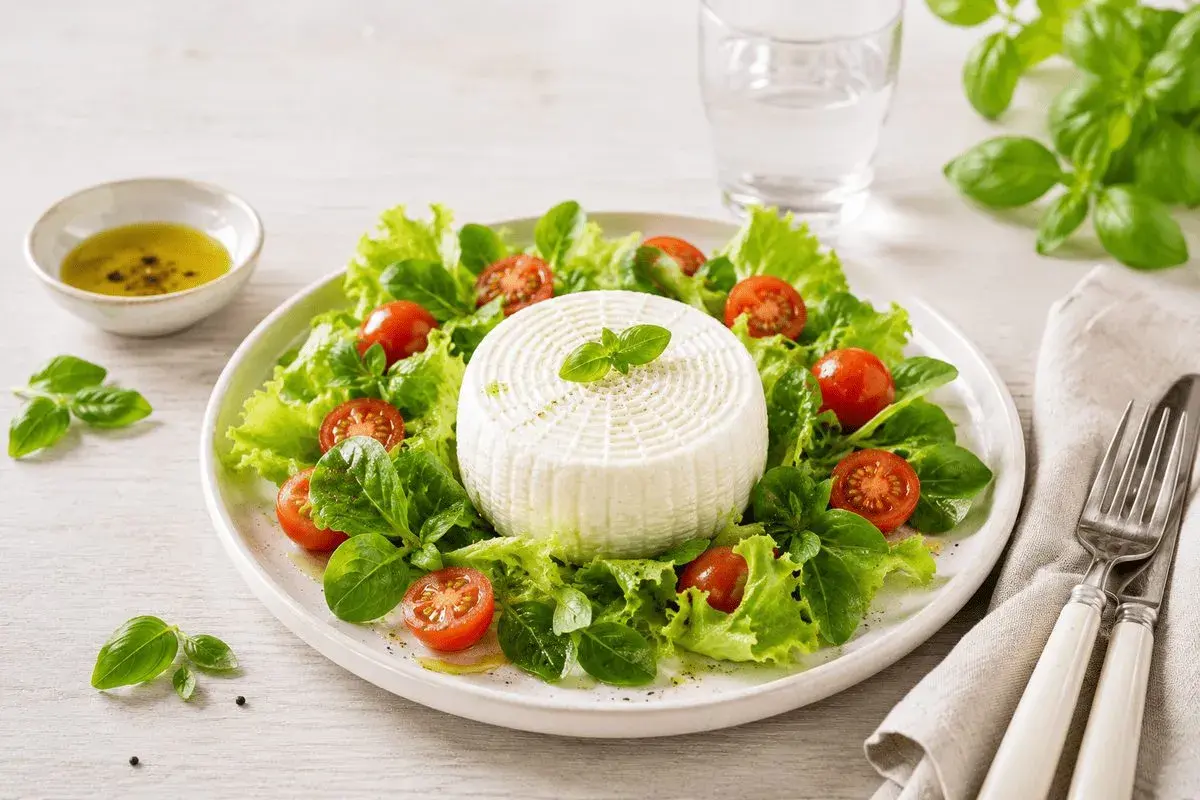 Insalata fresca con primosale, pomodorini e basilico. Un piatto leggero, ideale per chi cerca poche calorie.