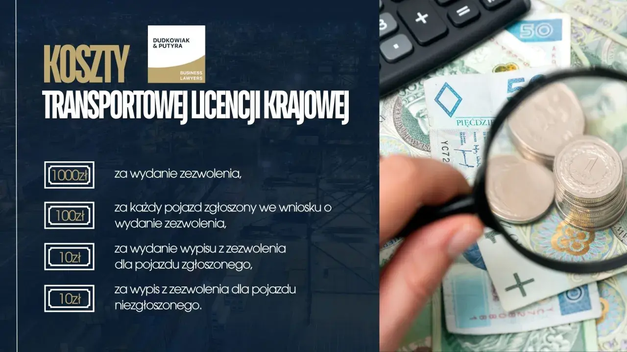 Koszty transportowej licencji krajowej: 1000 zł za wydanie zezwolenia, 100 zł za pojazd, 10 zł za wypis.