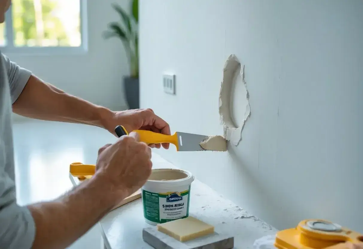 Person spacklar hål i väggen med en spackelspade och spackel.
