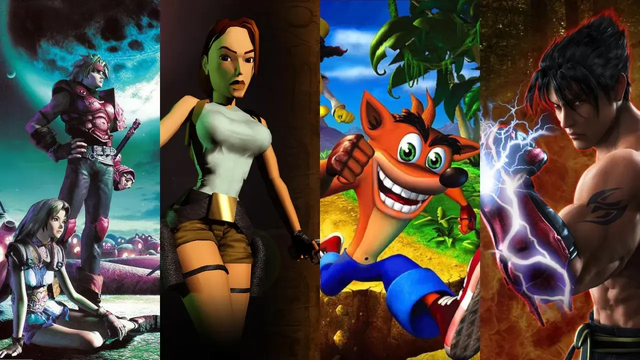 Kompilacja ikonicznych postaci z gier na PS1: bohaterowie fantasy, Lara Croft, Crash Bandicoot i Jin Kazama.