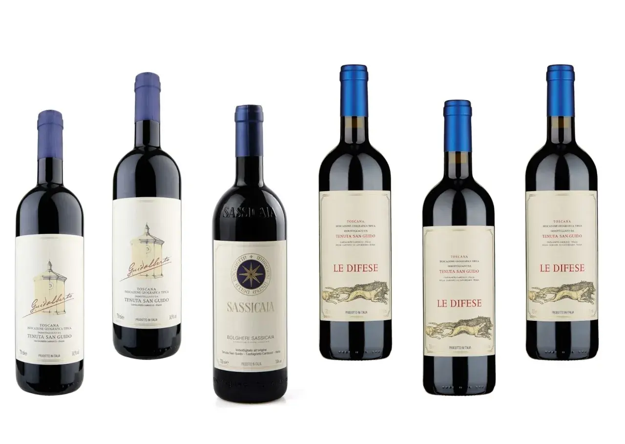 Sei bottiglie di vino Tenuta San Guido: Guidalberto, Sassicaia e Le Difese. Il Sassicaia 2021 punteggio è eccellente.