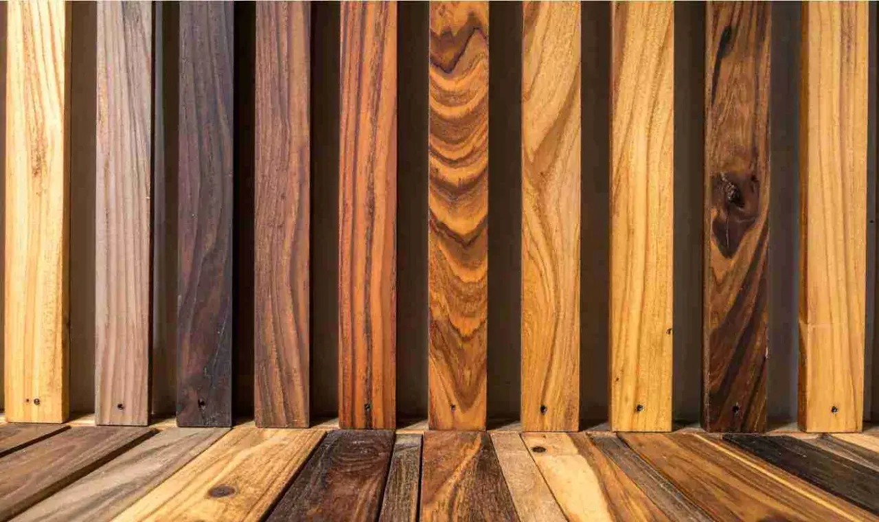 Muestras de madera de distintos tonos y vetas, ideales para la dureza de maderas clasificación.