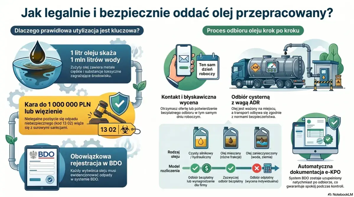 Gdzie oddać zużyty olej silnikowy? Dowiedz się o procesie odbioru, karach za nielegalne pozbycie się odpadu i obowiązkowej rejestracji w BDO.