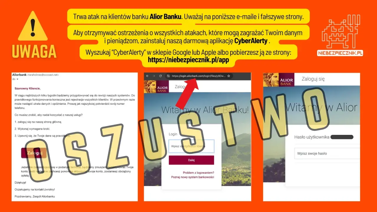 Ostrzeżenie przed oszustwem na Alior Bank. Uważaj na fałszywe strony i e-maile, które mogą dotyczyć przelewu zagranicznego/walutowego.