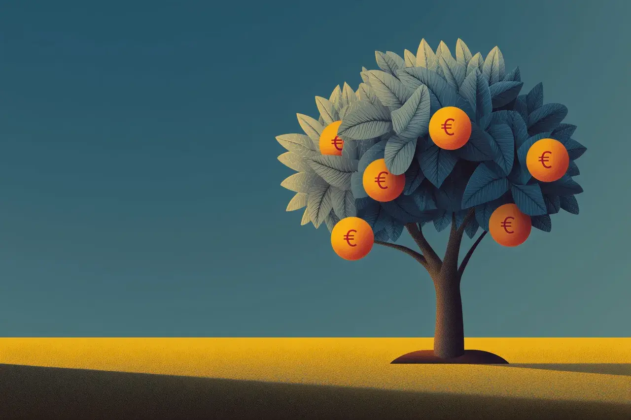 Ein Baum mit Euro-Symbolen als Früchte. Ein Symbol für Wachstum und Ertrag, aber auch für die Komplexität der etf steuer.