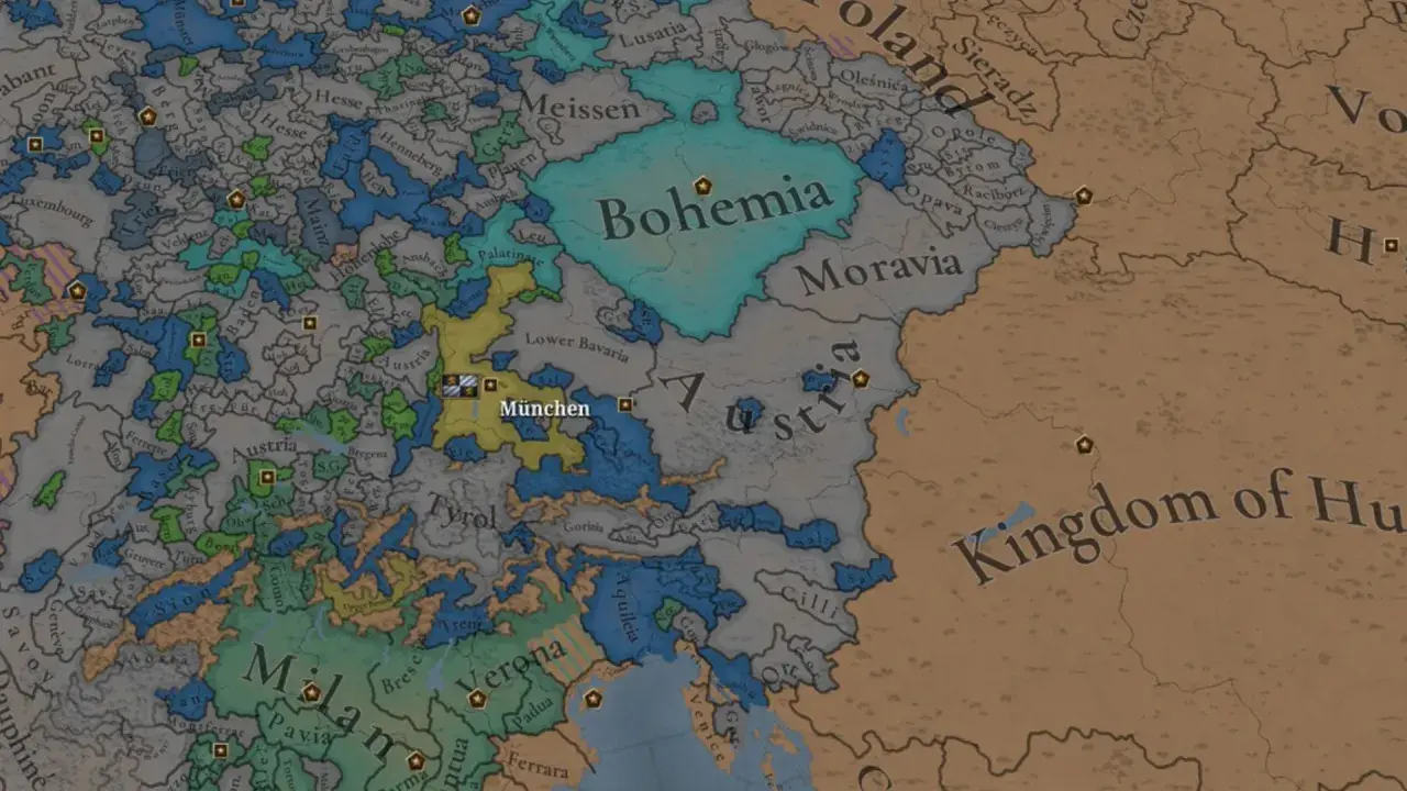 Mapa Europy z gry strategicznej, widoczne państwa jak Czechy, Austria, Bawaria. Widać nazwy miast, np. München. To fragment rozgrywki z eu4 commands.
