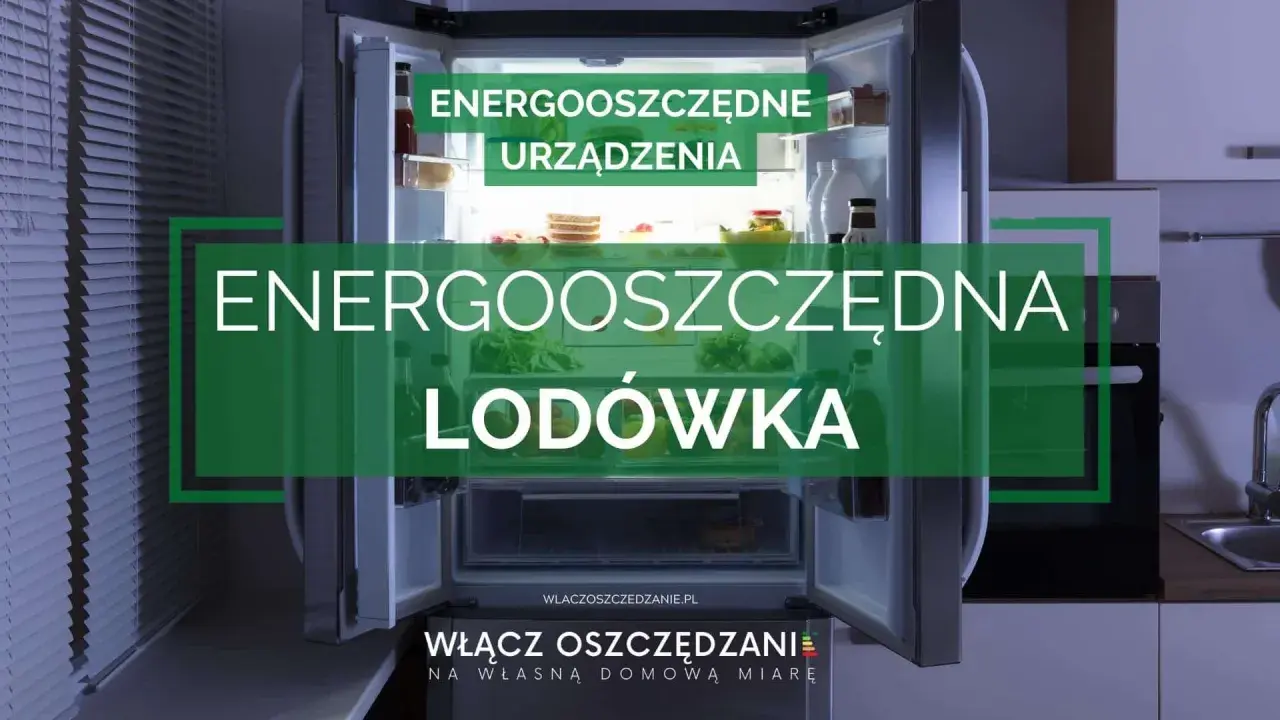 Otwarta, energooszczędna lodówka z jedzeniem i zielonym napisem "ENERGOOSZCZĘDNA LODÓWKA".