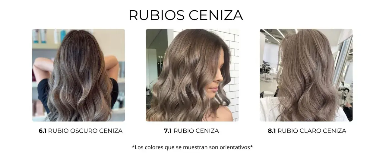 Tres modelos lucen diferentes tonos de rubio ceniza en su cabello. El rubio ceniza en morenas crea un contraste sutil y elegante.