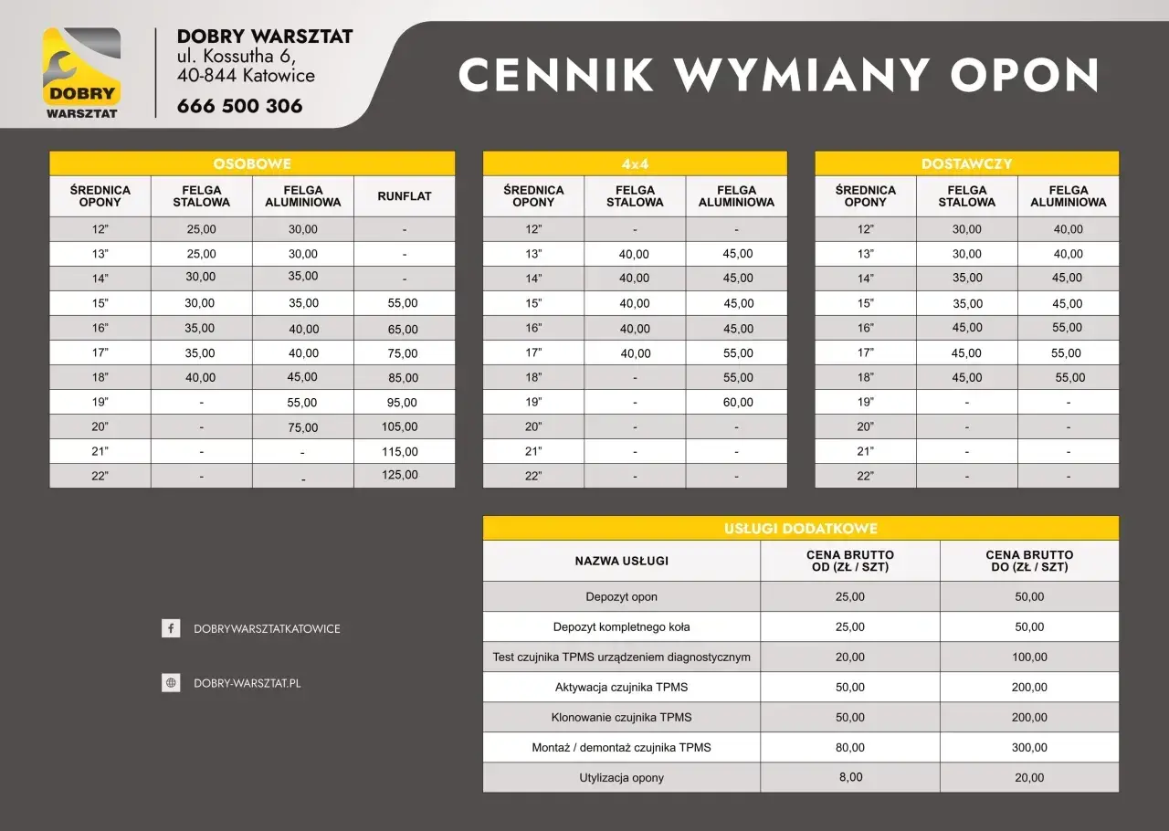 Cennik wymiany opon w Dobrym Warsztacie. Sprawdź, ile kosztuje wymiana opon w zależności od rozmiaru i typu felgi.