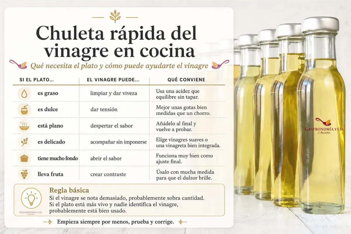 Guía rápida sobre cómo usar el vinagre italiano en la cocina. Muestra botellas de vinagre y una tabla con consejos.