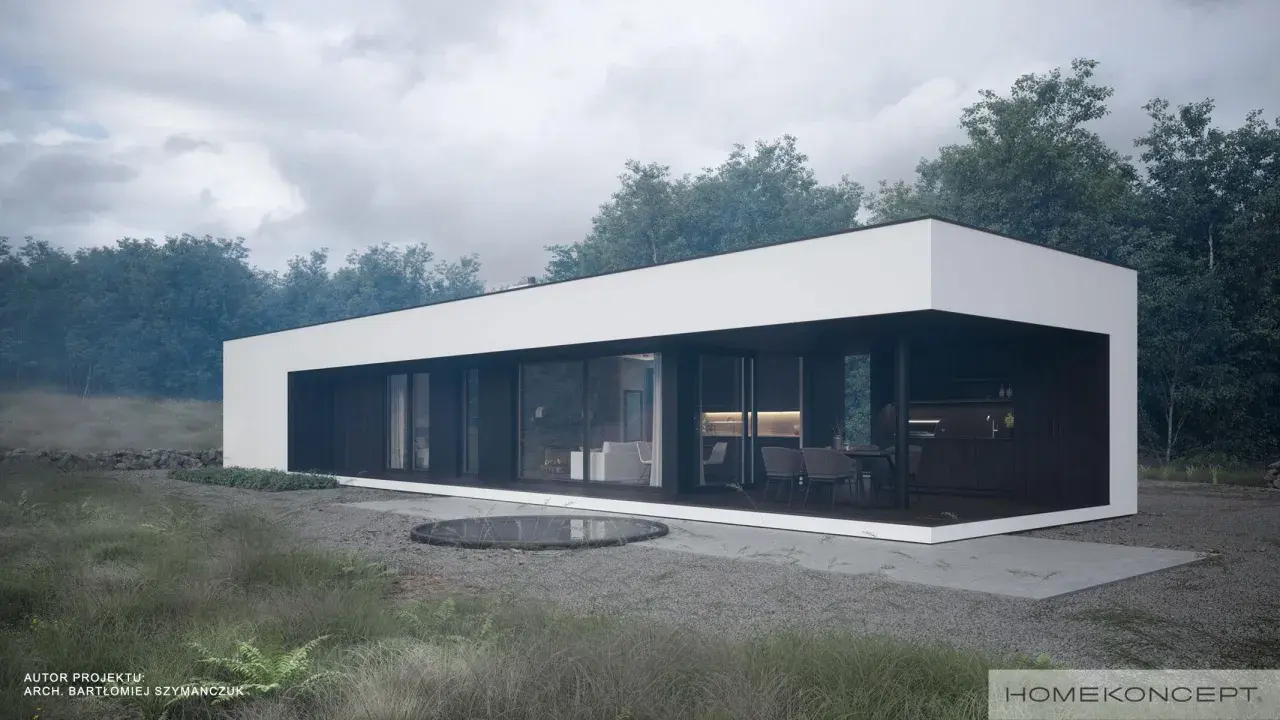 Nowoczesny dom do 70m2 z dużymi przeszkleniami, otoczony zielenią. Minimalistyczna bryła i taras tworzą idealne miejsce do odpoczynku.