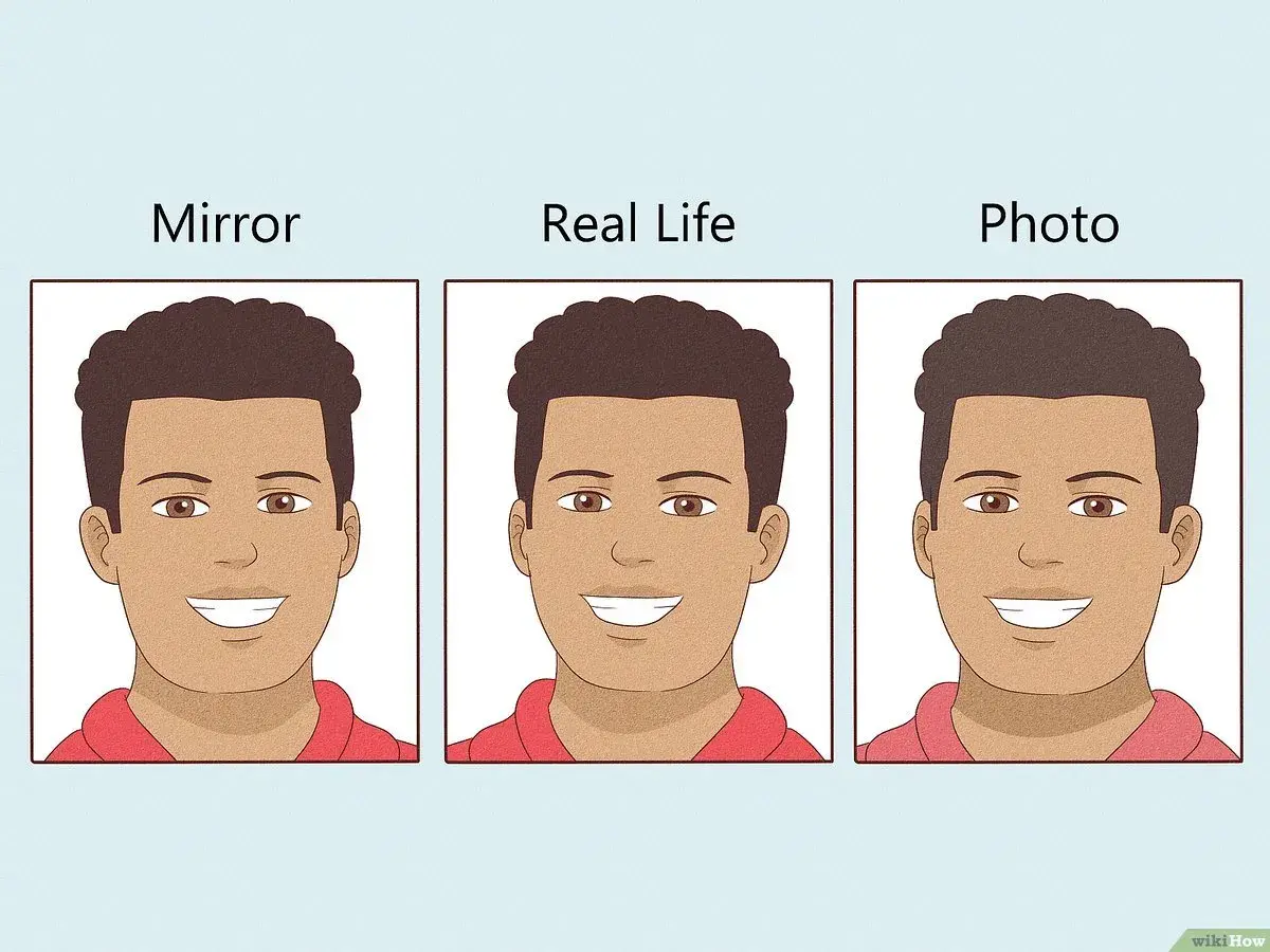 A man's face in a mirror, real life, and photo. Bathroom mirrors don't make you look bigger; photos often do.