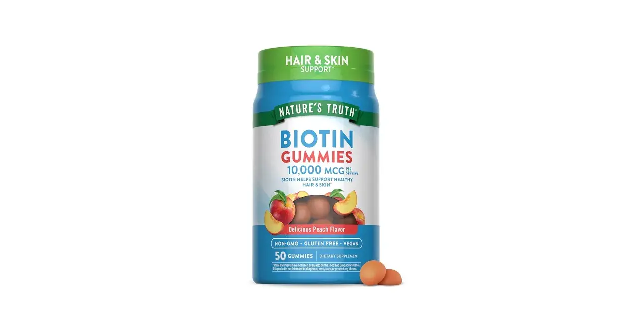 Nature's Truth Biotin Gummies, 10,000 mcg per serving, för hår och hud. Hjälper mot biotin håravfall. Smak av persika. 50 gummies.