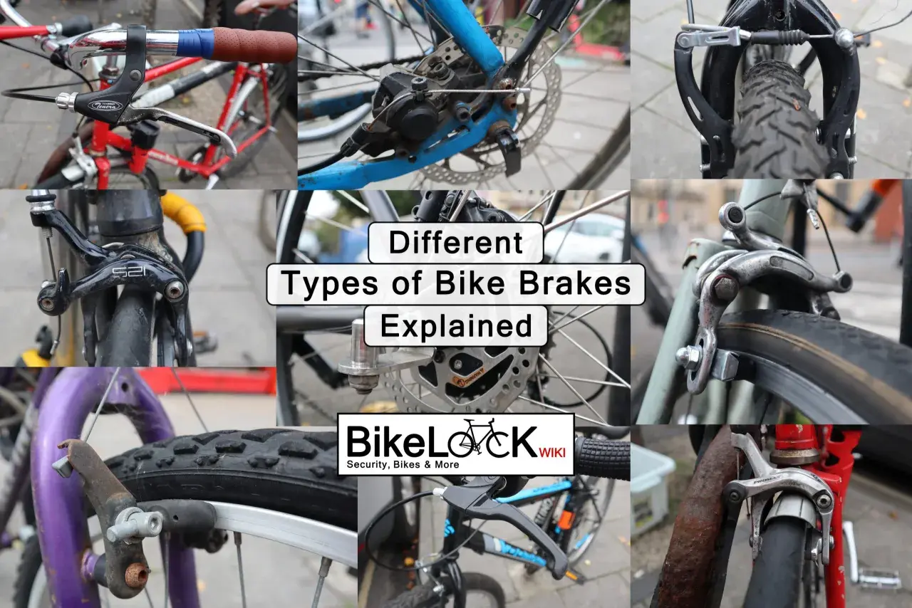 Collage showing various mountain bike brake types, including rim brakes and disc brakes, with text overlay "Different Types of Bike Brakes Explained.