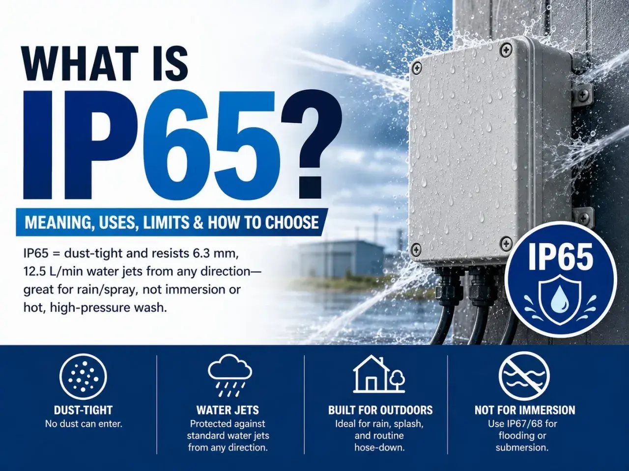 Boîtier étanche IP65 sous jets d'eau. Comparez IP65 vs IP67 pour savoir si l'immersion est possible.