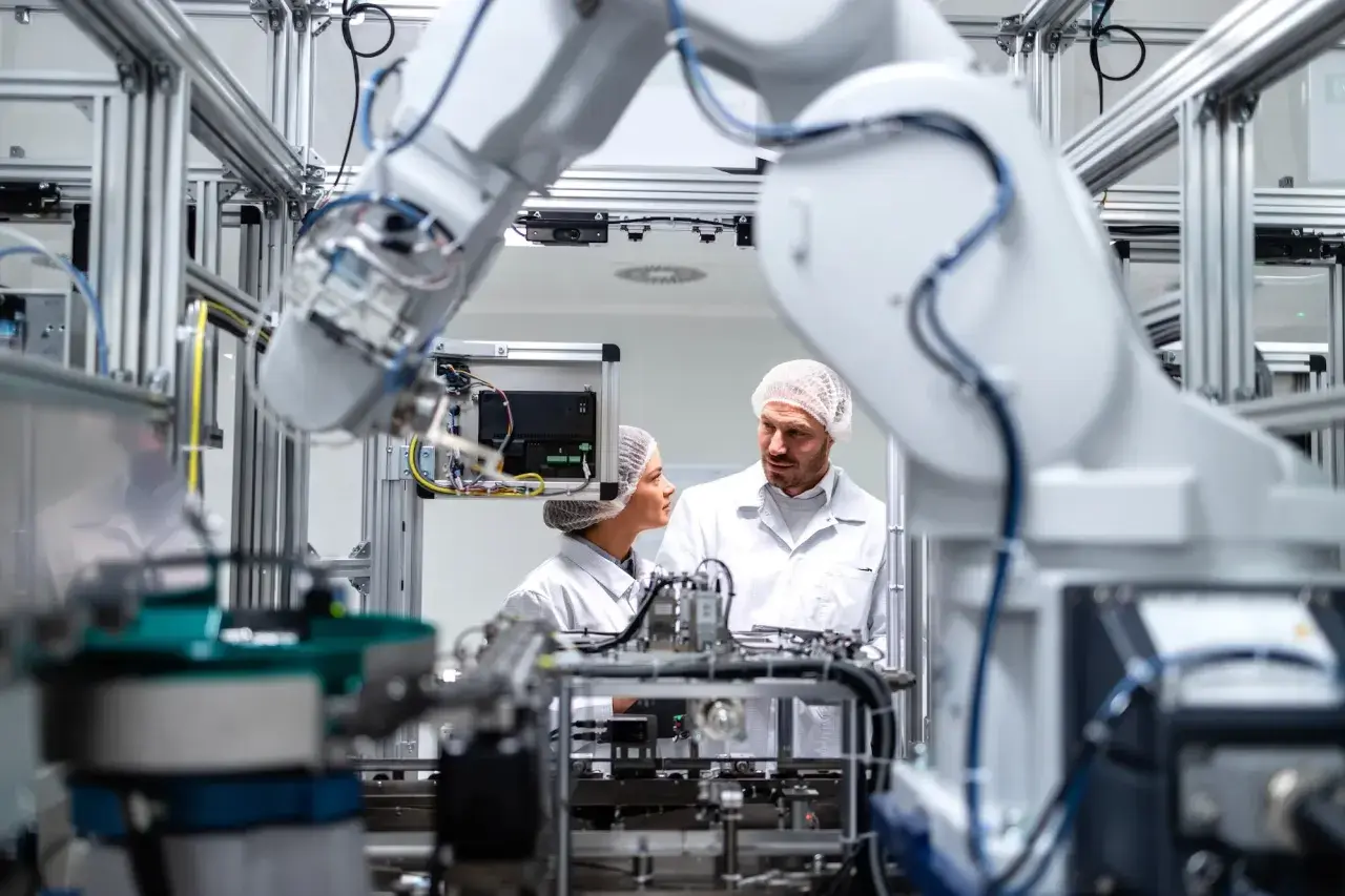 Mechatronik w białej szacie laboratoryjnej analizuje działanie robota przemysłowego.