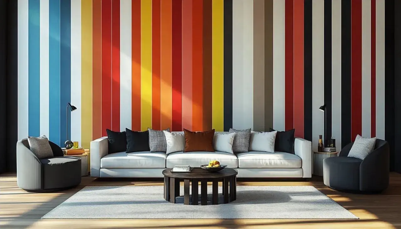 Salon moderne avec un mur au motif rayures multicolores vives. Un canapé blanc, des fauteuils gris et une table basse complètent l'ensemble.