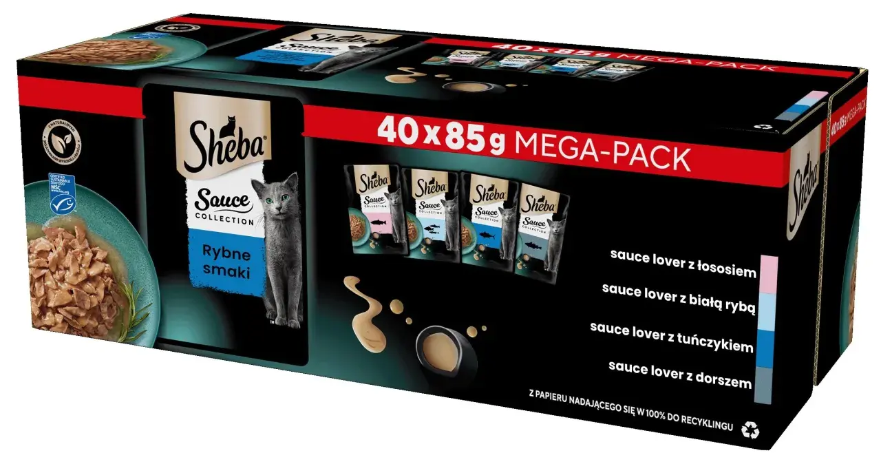 Opakowanie karmy Sheba Sauce Collection z rybnymi smakami, w tym łosoś, biała ryba, tuńczyk i dorsz. Czy Sheba to dobra karma? Ten mega-pack sugeruje, że tak!