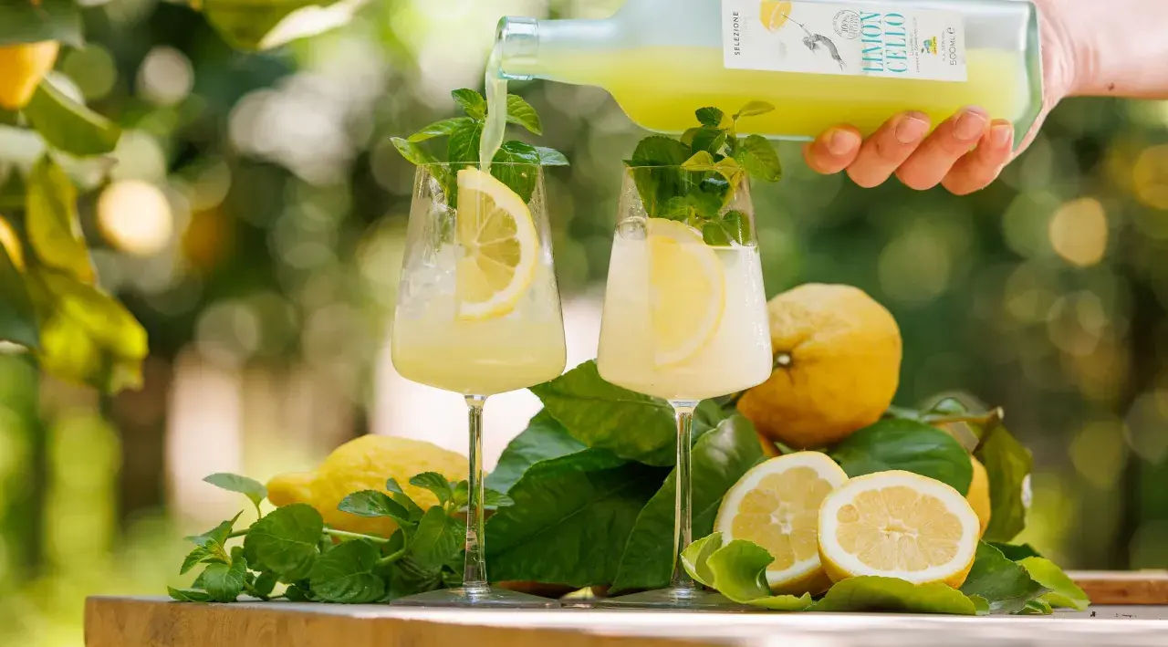 Zwei Gläser mit Eis, Zitronenscheiben und Minze werden mit einem hellgelben Limoncello-Getränk aus einer Flasche aufgefüllt. Frische Zitronen und Blätter liegen daneben.