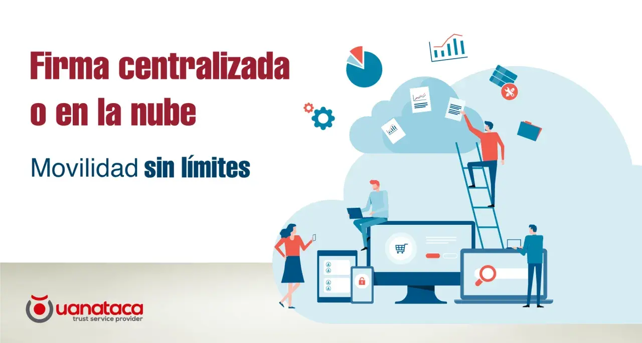 Ilustración de "Firma centralizada o en la nube" con personas interactuando con dispositivos y datos en un entorno digital.