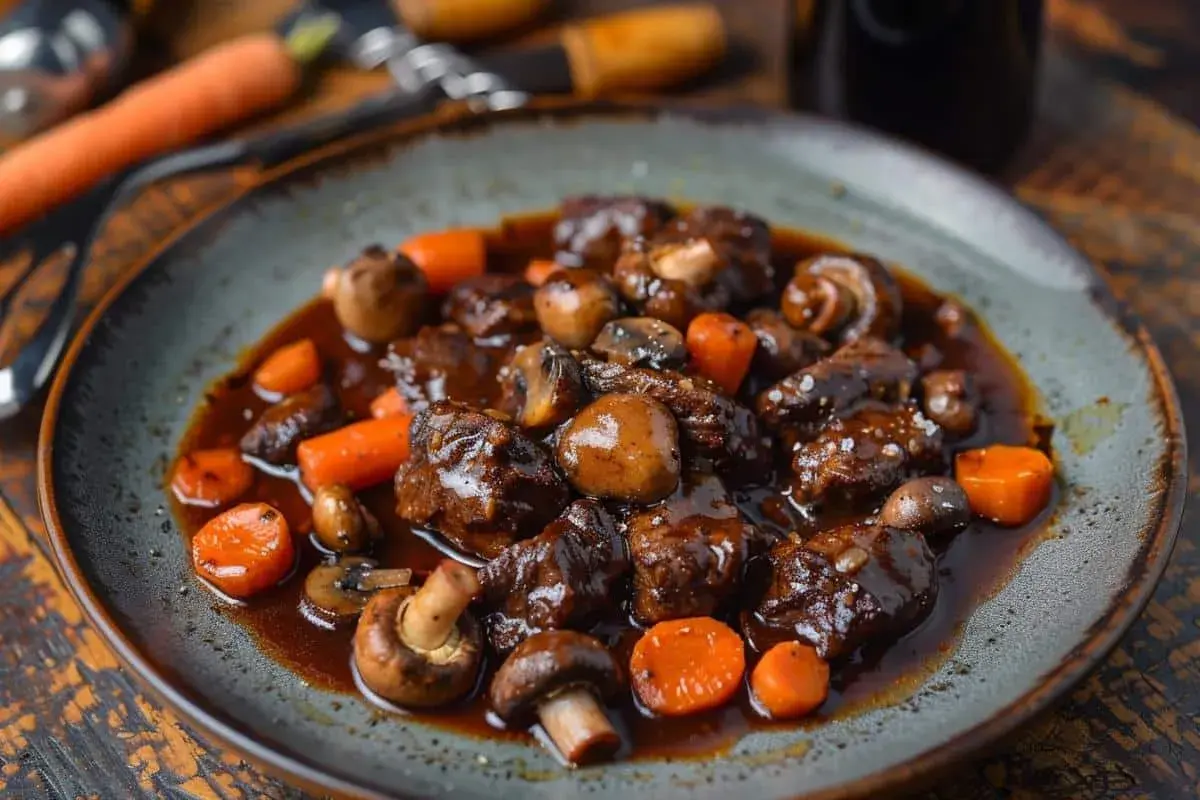Un plat de boeuf bourguignon cookeo, mijoté avec des champignons et des carottes, servi dans une assiette grise.