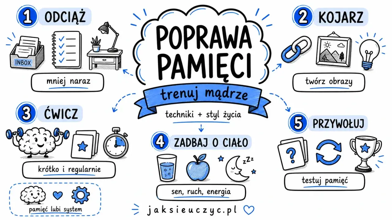 Jak poprawić pamięć? Odciążaj umysł, twórz skojarzenia, ćwicz krótko i regularnie, zadbaj o ciało (sen, ruch, energia) i testuj pamięć.