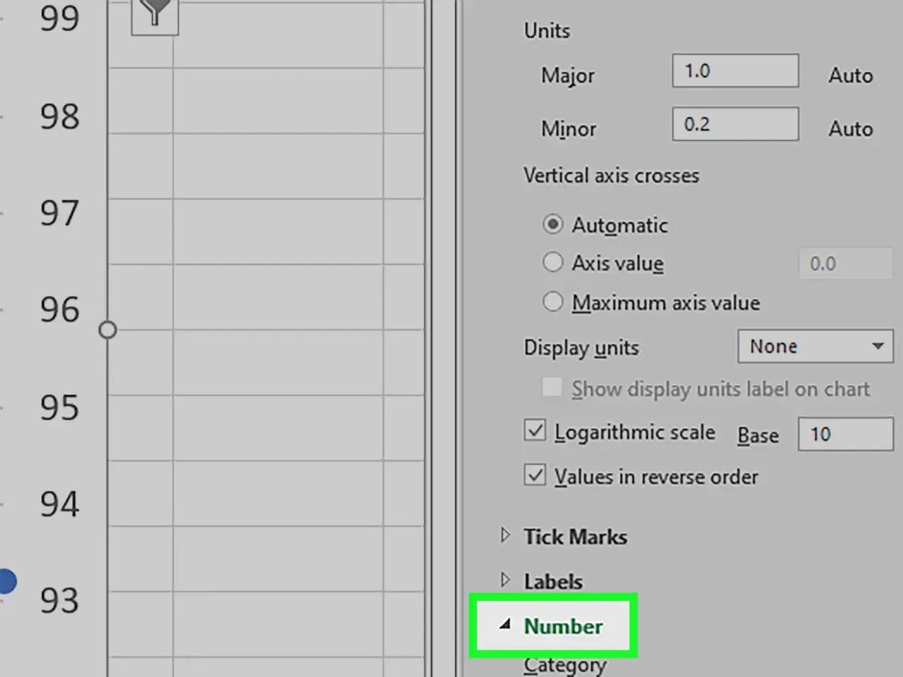 Opzioni per modificare asse x grafico Excel: unità, scala logaritmica e formattazione numeri.