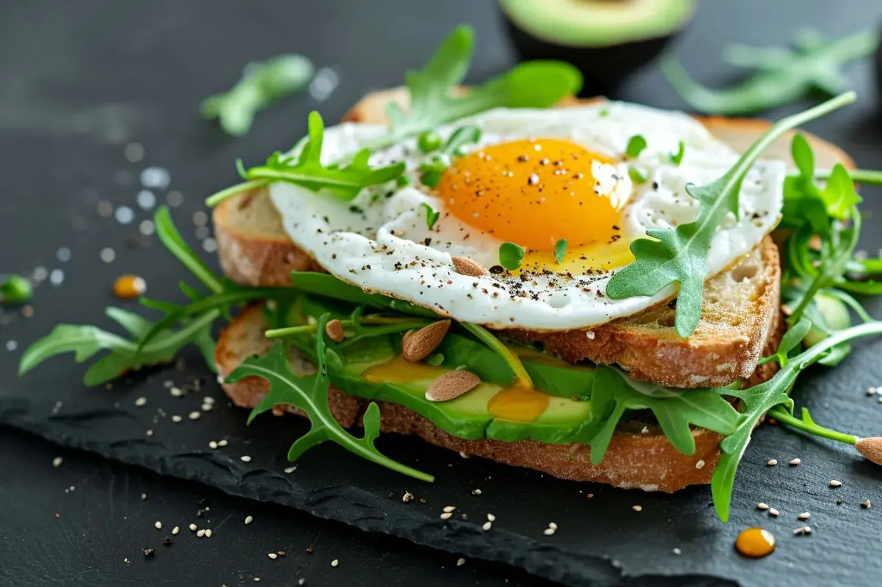 Pyszny pomysł na śniadanie: tost z awokado, rukolą i jajkiem sadzonym. Idealny start dnia!