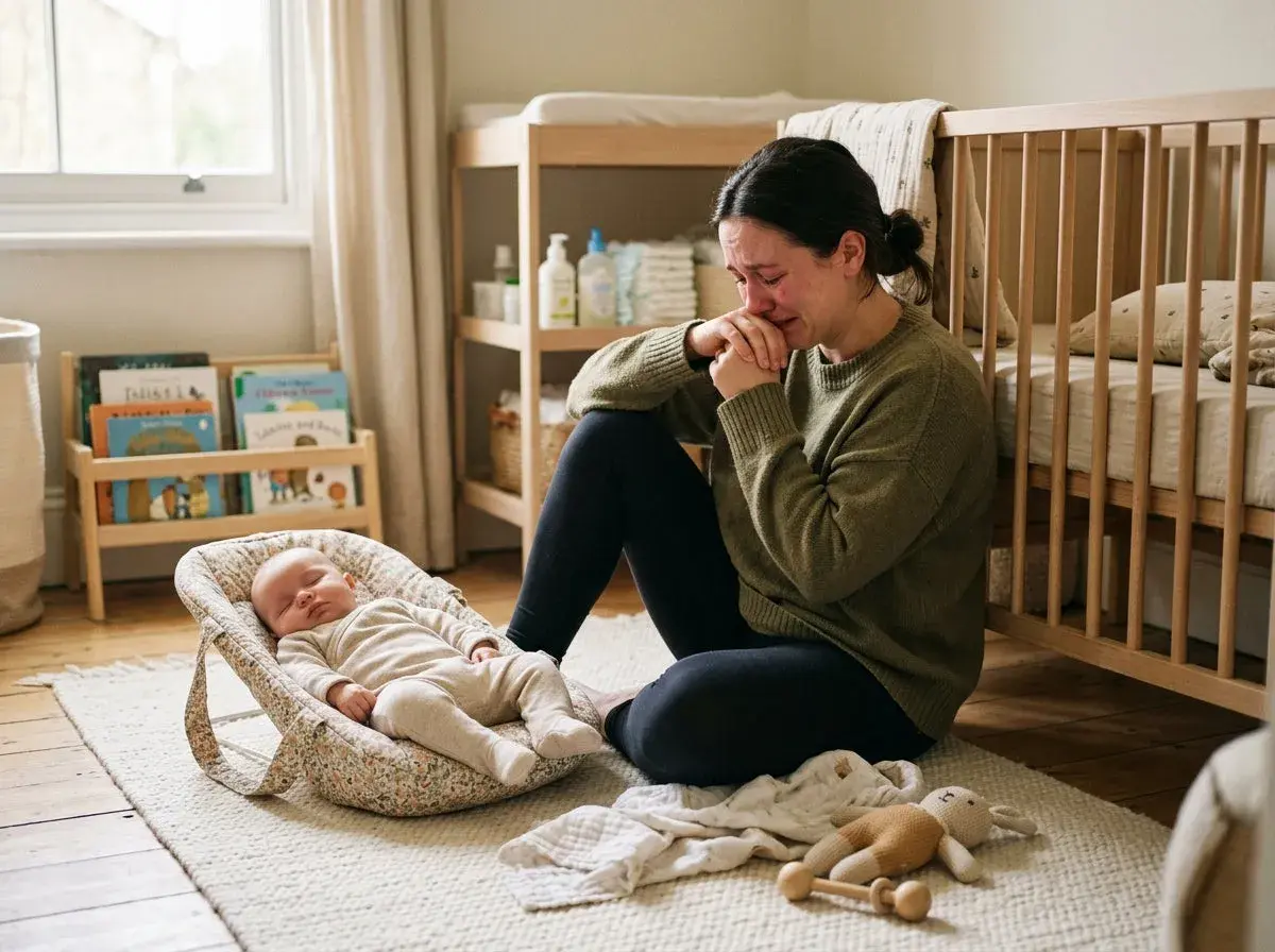 En kvinna gråter bredvid sin sovande bebis, en bild av baby blues.