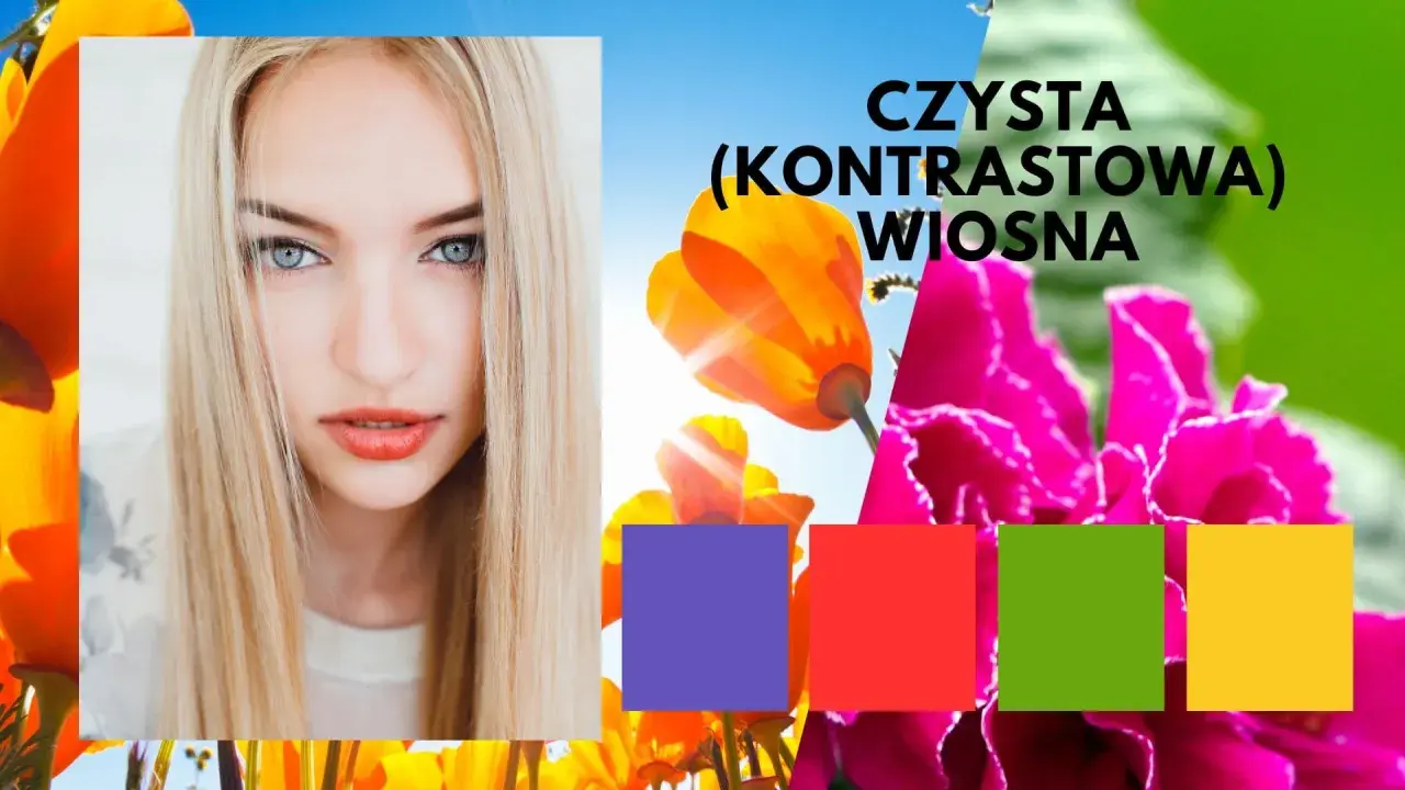 Kobieta o jasnych włosach i niebieskich oczach na tle kwitnących kwiatów. Tekst "Czysta (kontrastowa) wiosna" i kolorowe kwadraty.