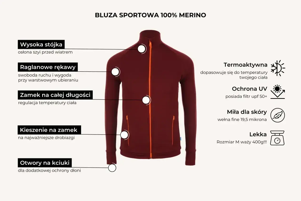 Bordowa bluza sportowa z wysoką stójką, raglanowymi rękawami i zamkiem na całej długości. Wykonana ze 100% wełny merino, termoaktywna i miła dla skóry.