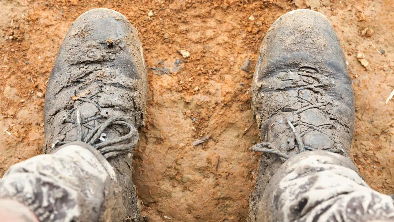 Mud-caked boots stand in wet earth, the bottom of shoes sticky from a muddy adventure.