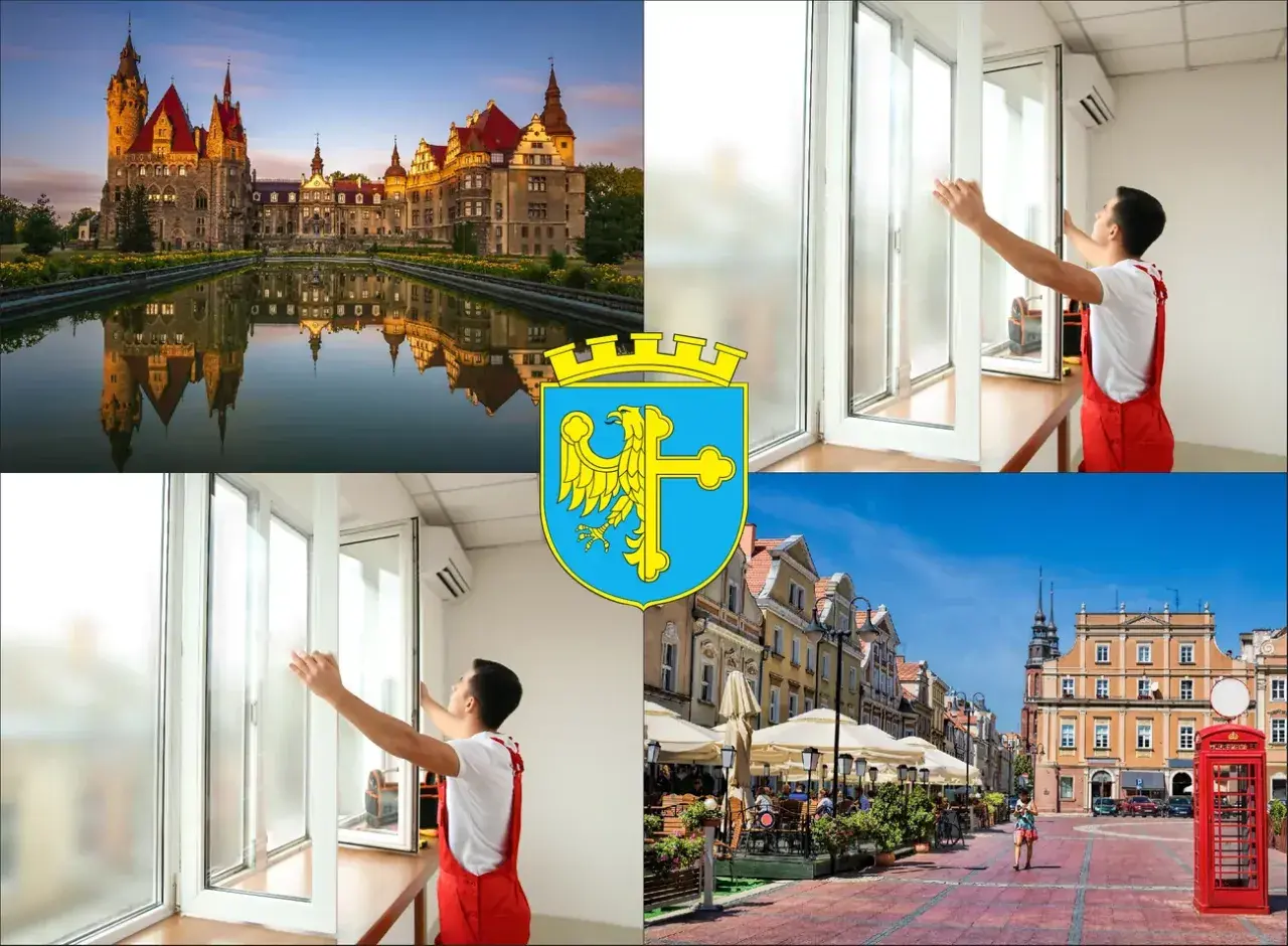 Kolaż: zamek, montaż okien, herb Opola, rynek z kawiarniami.