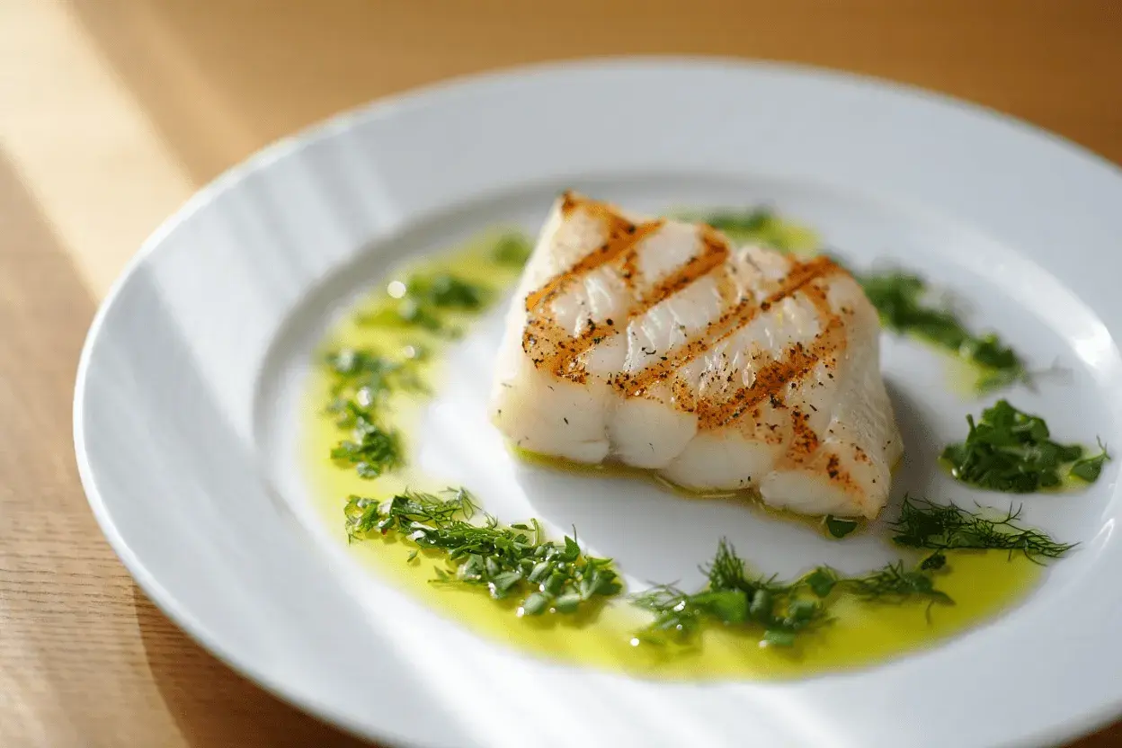 Un delicioso bacalao a la plancha, con marcas doradas, servido en un plato blanco con aceite de oliva y hierbas frescas.