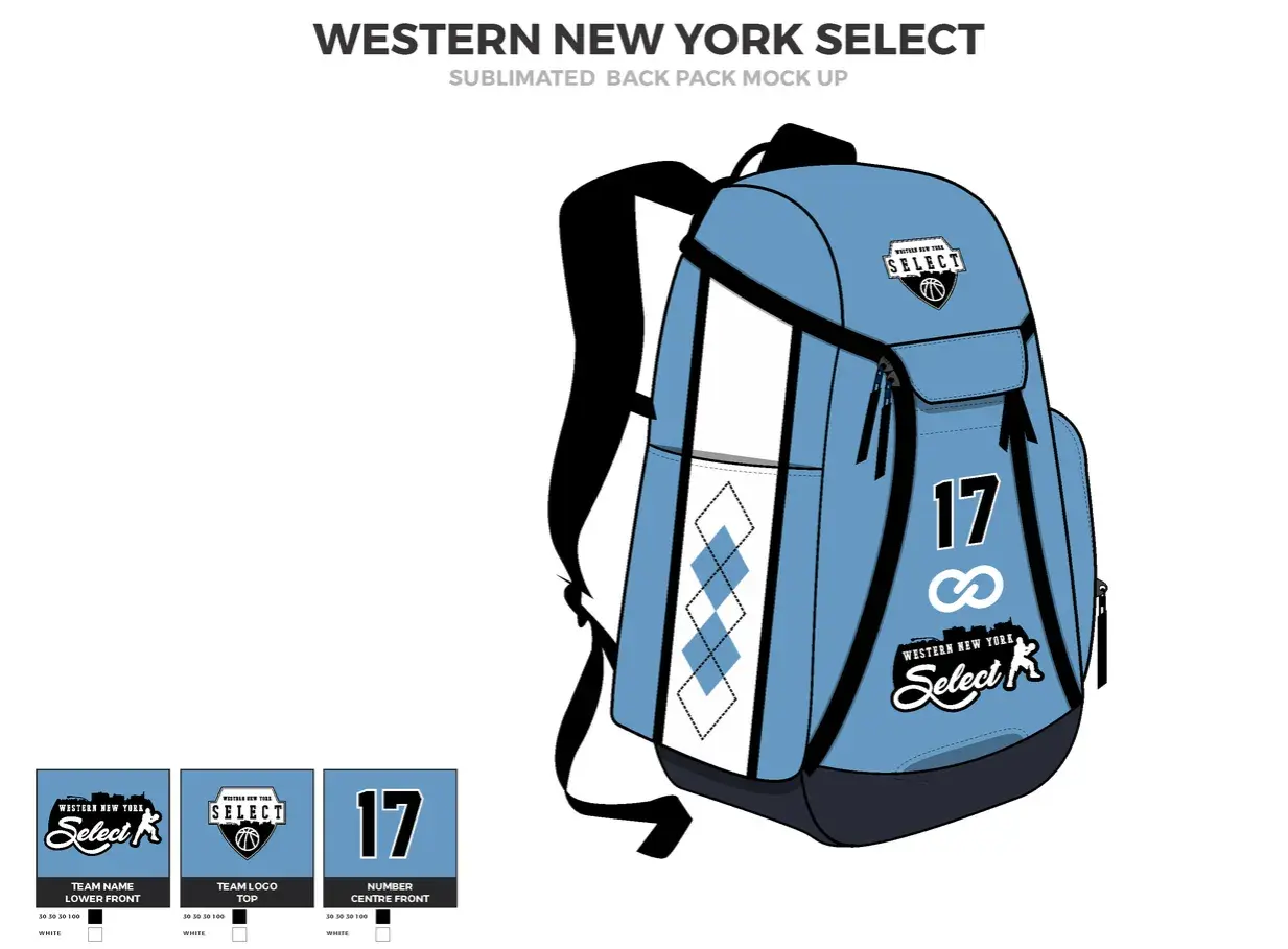 Niebieski plecak do koszykówki z logo "Western New York Select" i numerem 17. Idealny dla każdego fana basketu.