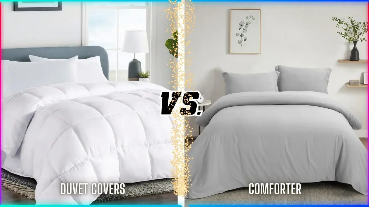 A white duvet cover with a quilted comforter vs. a gray comforter. What's the difference between a comforter and a blanket?
