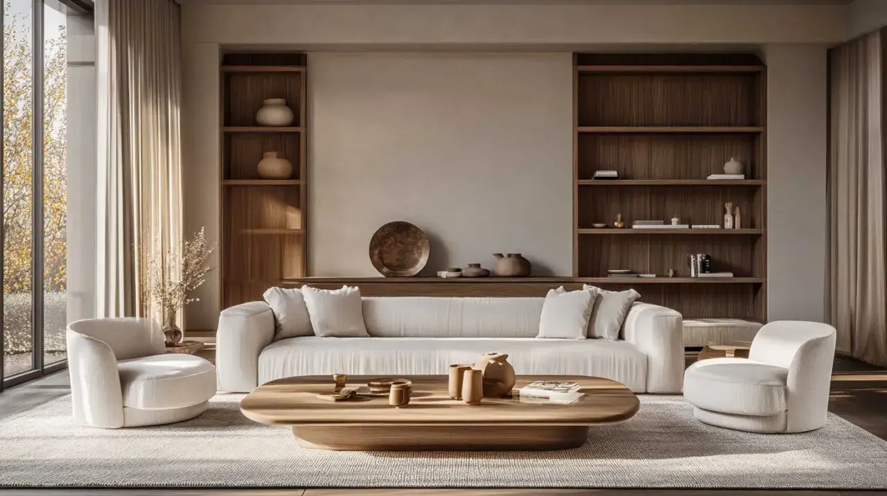 Ein Wohnzimmer in warmen **Farben** wie **Taupe** und Beige. Ein bequemes Sofa, zwei Sessel und ein Holztisch laden zum Entspannen ein.